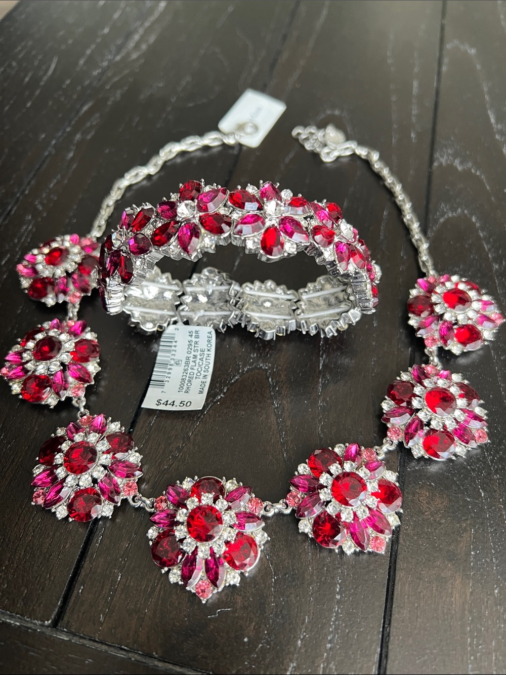 Charter Club Silver-Tone Red & Pink Crystal Flower Necklace Set
